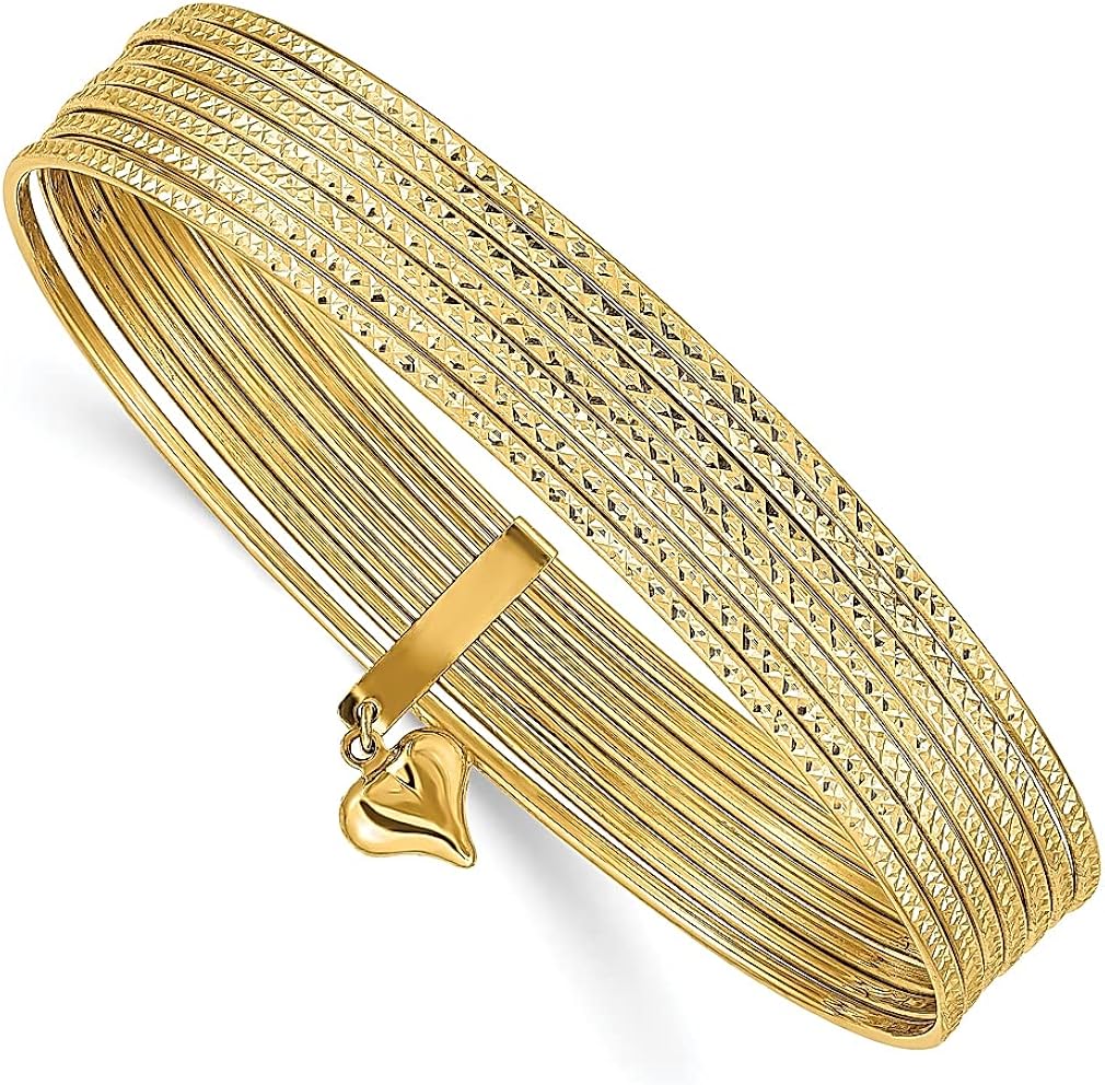 14k Yellow Gold Dangle Heart Set Of 7 Slip On Bangle Bracelet Fine Jewelry For Women Gifts For Her