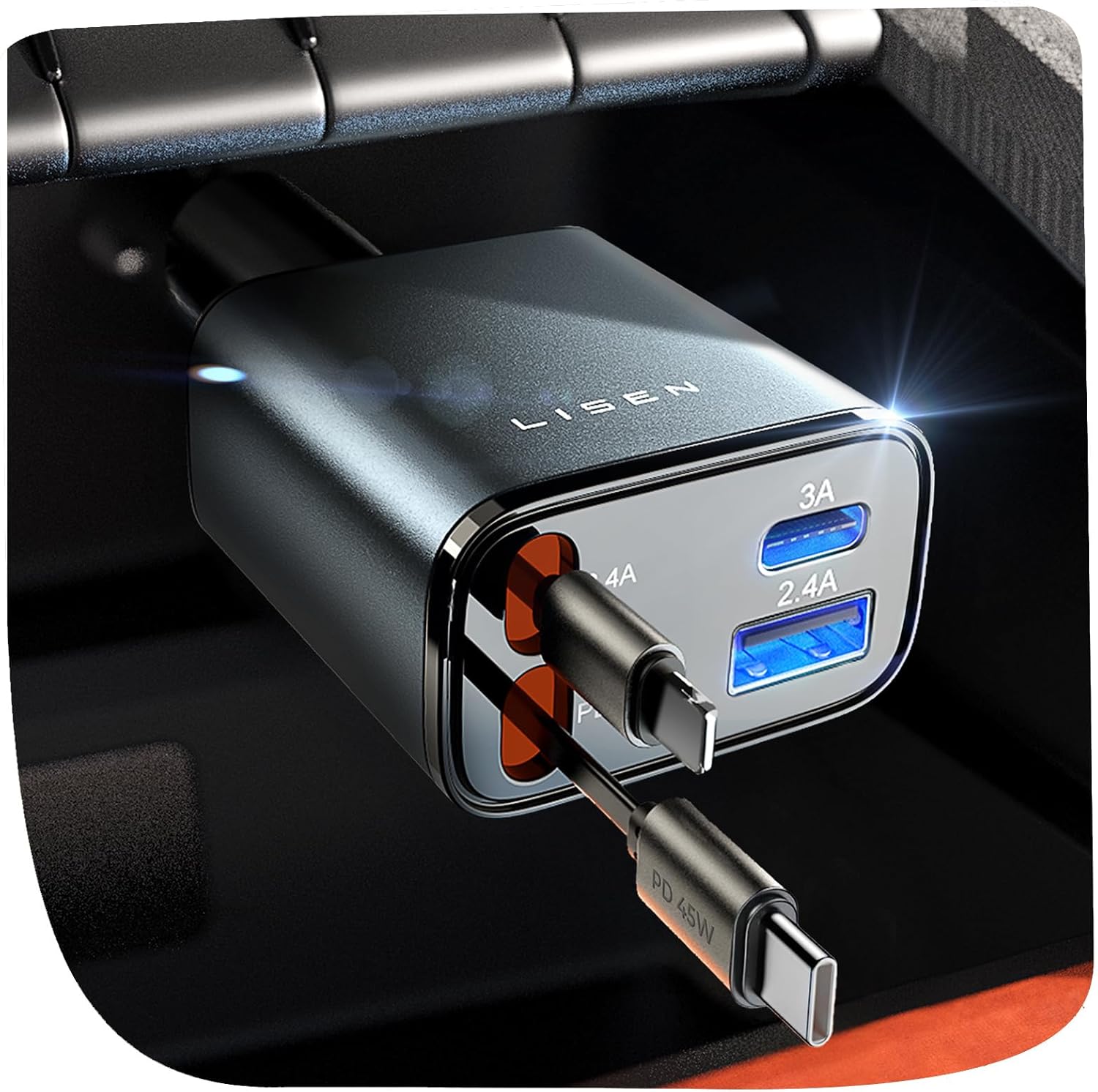 LISEN Retráctil Cargador Coche Carga Rápida 84W Accesorios Coche Camper Electrónicos Flash del Dia, PD45W USB-C Cargador Mechero Gadgets 12/24V para iPhone 17 13 Xiaomi iPad Tablet Kindle Auriculares - Amazon product rated Grade C