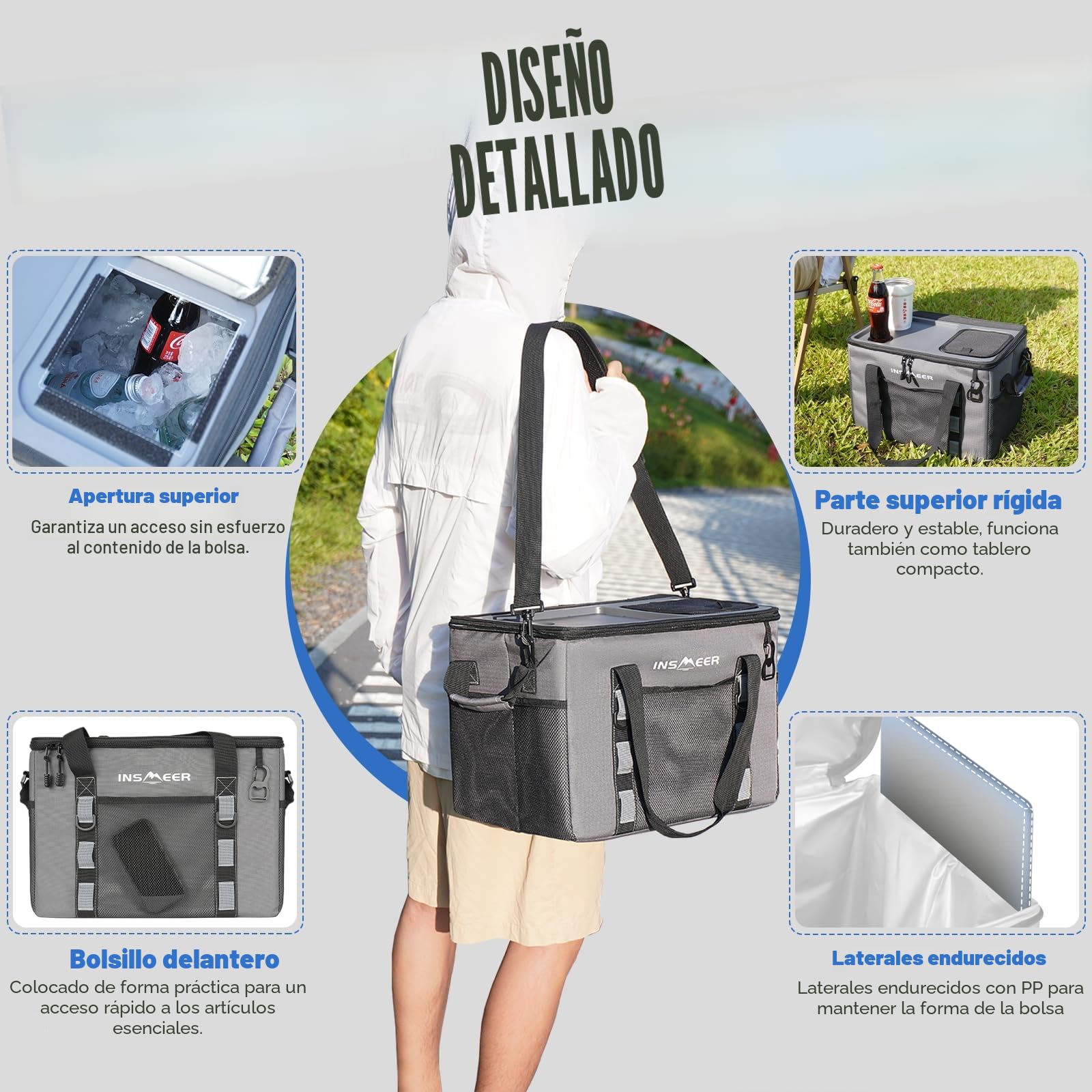 INSMEER Bolsa Nevera Grande 40L/60 Latas, Bolsa Nevera Plegable con Carcasa Rígida de PP Extraíble, Bolsa Térmica con Abridor/2 Portavasos en la Parte Superior Rígida, para Picnic, Camping, Playa