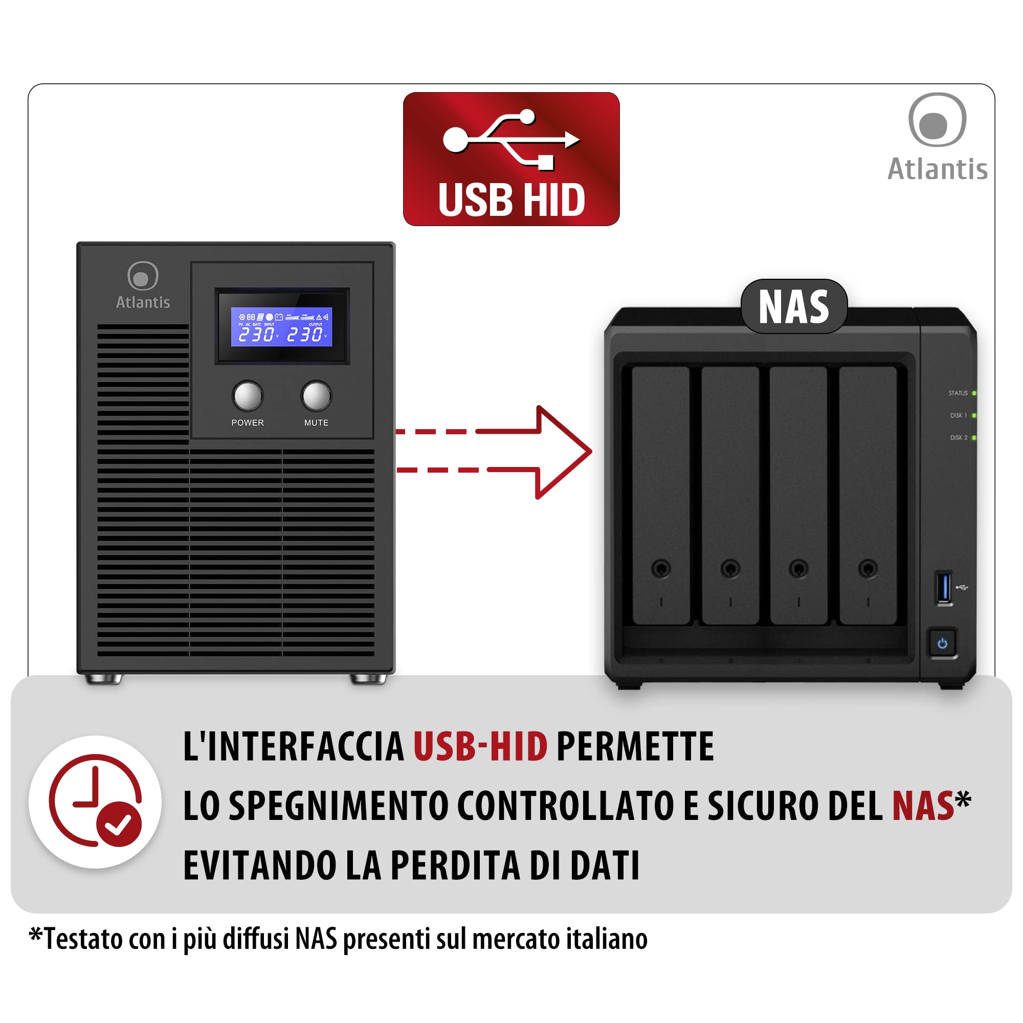 Atlantis A03-HP4003P Gruppo di Continuità Onda Sinusoidale Pura 3000VA 2100W Line Interactive, display LCD, porta USB-HID, 6 uscite IEC, 4 batterie 12V-7Ah, porta seriale RS232, slot per SNMP, softwa