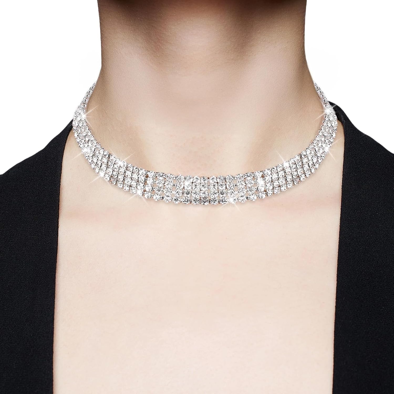 Sibba 4 Row Diamond Choker Necklace for Women Silver Plated Adjustable Iced Out Crystal Rhinestone Collar Elegant Anniversary Birthday Gift Jewelry Sparkling Party Wedding Tassel White Necklace(4 Row) - Image 7