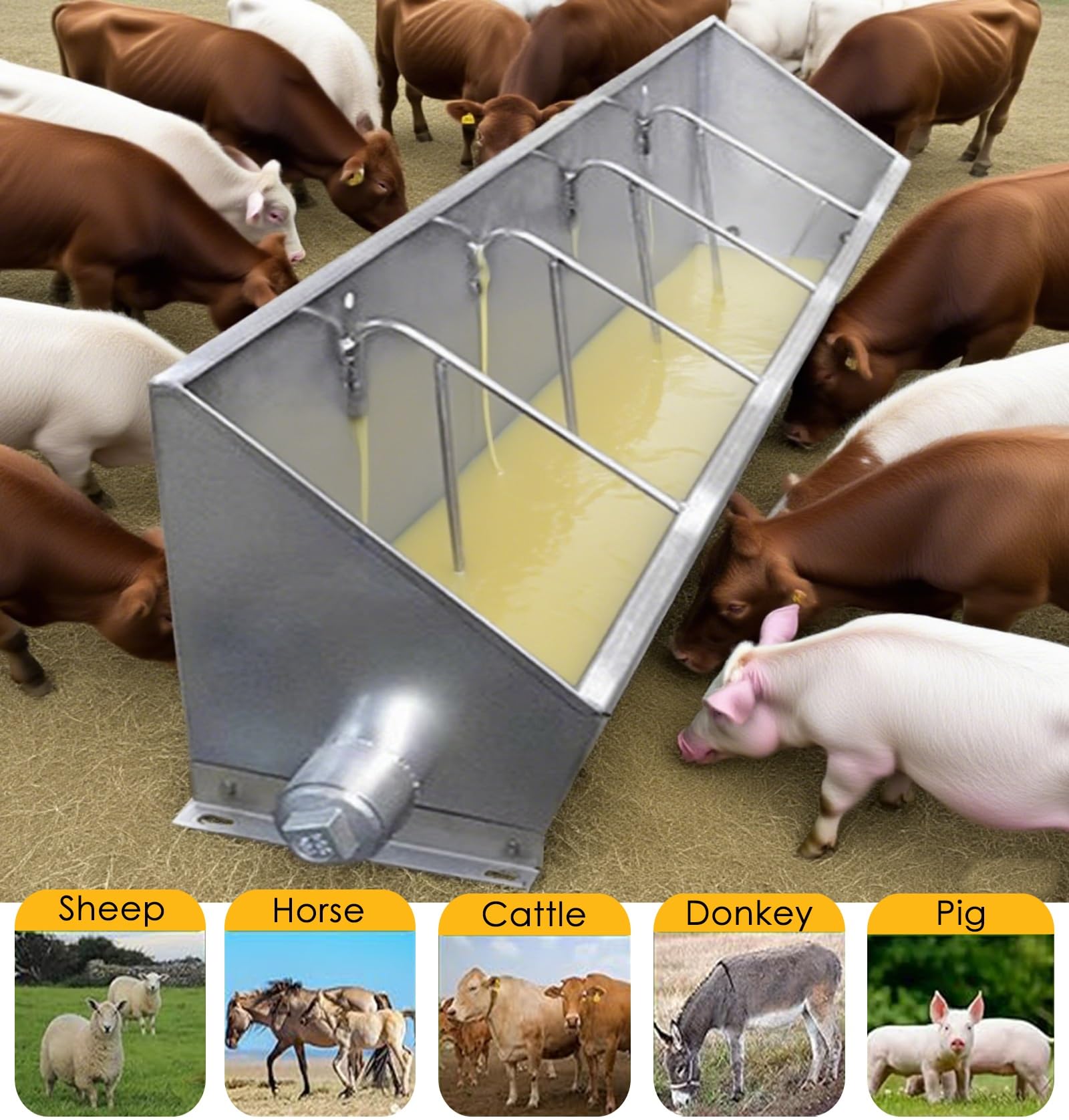 Comedero, comedero 2 en 1 para Ganado (Cabras, ovejas, Vacas y Caballos) - Comedero Grande de Acero Inoxidable para Grano y Agua con Salida de Drenaje - 5 Rejillas, 99,4 cm x 19 cm x 26 cm.
