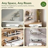 Vista 5 de EVALAND Shower Caddy Adhesive 2-Pack with Hooks and Rod for Towels, Silver – Premium Bathroom Shower Shelves, Shampoo Organizer, Bathtub Shelf, Plata