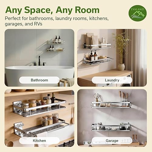 Miniatura 5 de EVALAND Shower Caddy Adhesive 2-Pack with Hooks and Rod for Towels, Silver – Premium Bathroom Shower Shelves, Shampoo Organizer, Bathtub Shelf, Plata