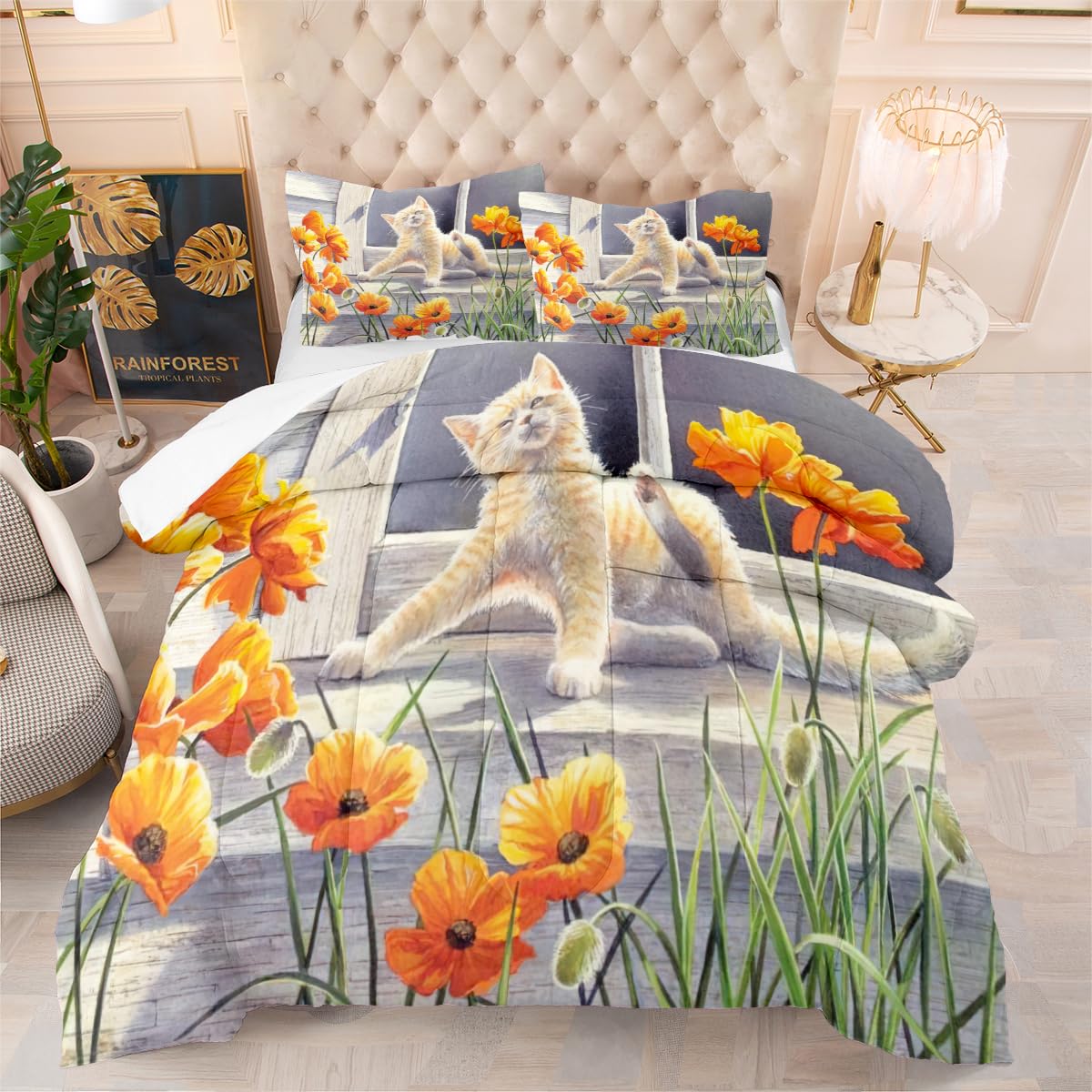 Couette respirante 220x240 chat et fleurs pour un sommeil 4 saisons tempéré