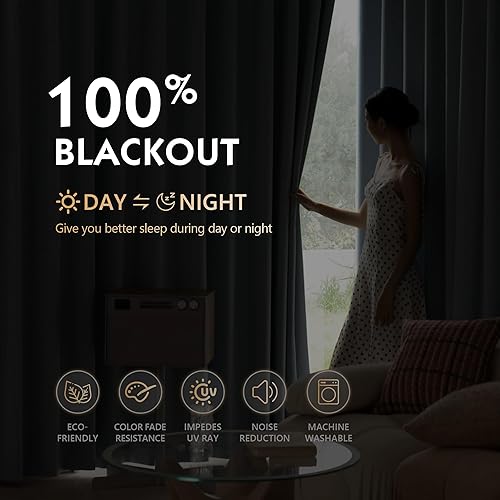 Miniatura 3 de FMFUNCTEX 100% Blackout Curtains for Bedroom, Slate Blue Curtains 72 Inches Long Weave Textured Thermal Insulated Curtains for Living Room, Black