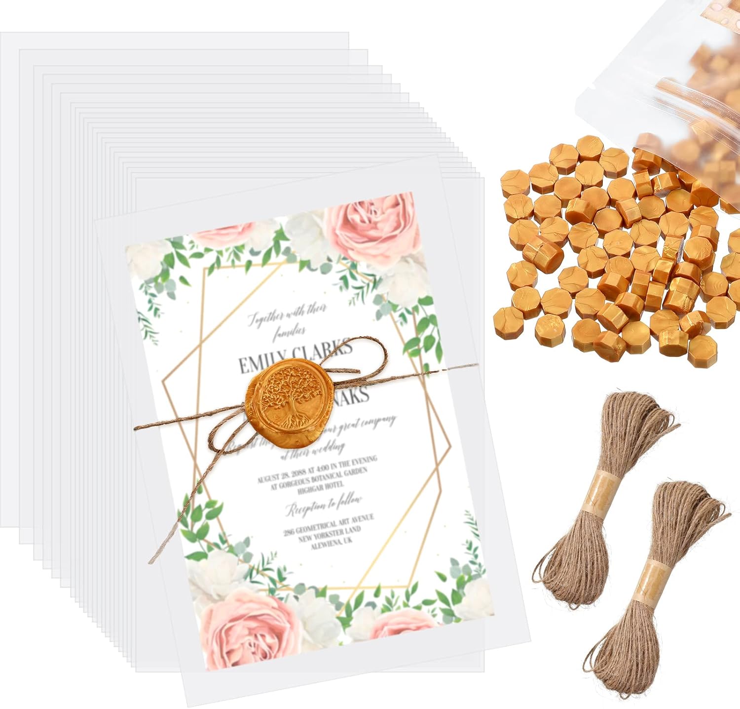 50 Sheets Translucent Vellum Paper 11 x 8.5 Inches Invitation Paper Printable Sheets,100 Pieces Seal Gold Octagon Wax Beads with 2 Rolls Ropes for Card Envelope Wedding Invitation Letter Sealing : Arts, Crafts & Sewing