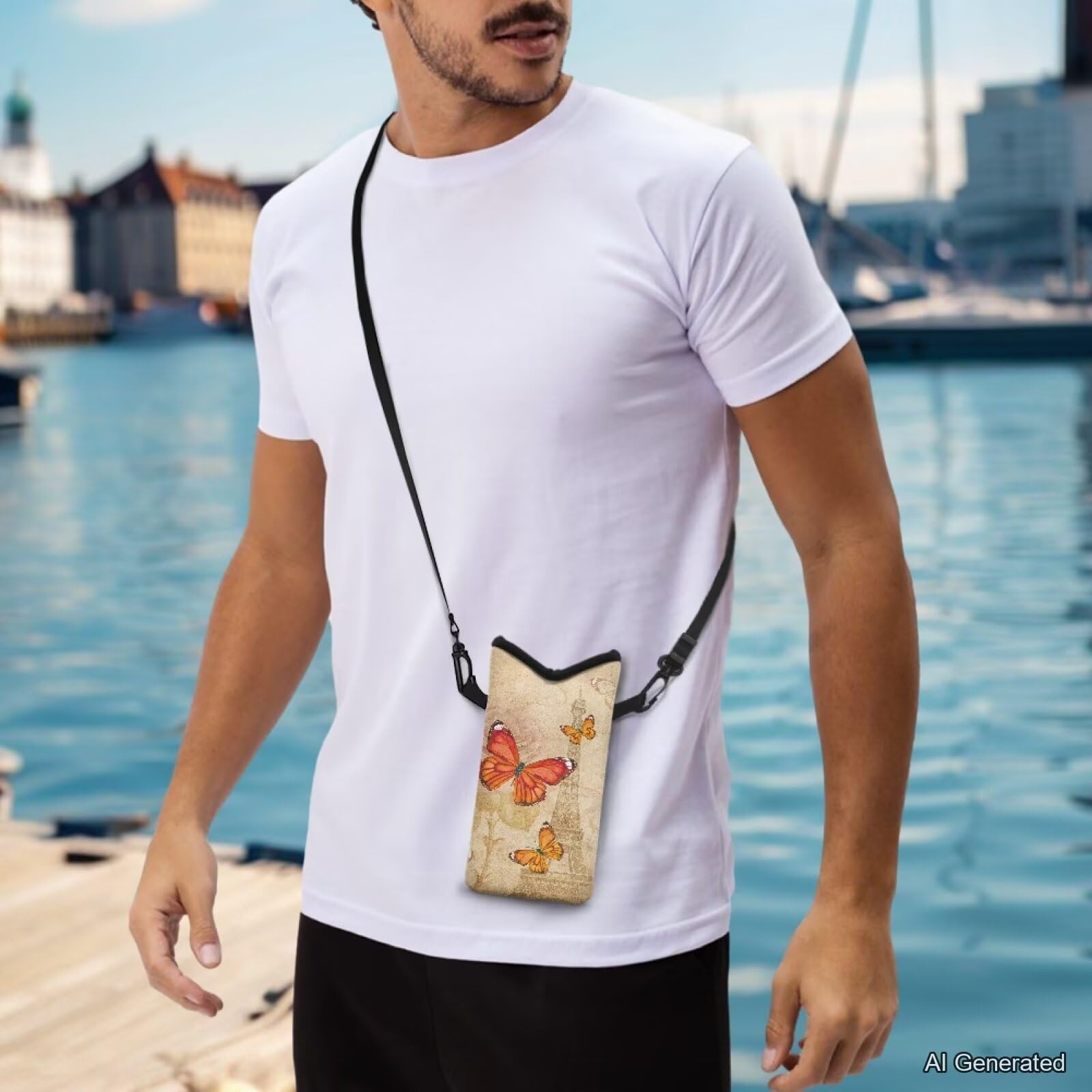 Torba na telefon crossbody wodoodporna mini torebka na telefon komórkowy z regulowanym paskiem pasuje do większości smartfonów, 20 cm x 10 cm, wieża Eiffla, motyl róża retro, jeden rozmiar