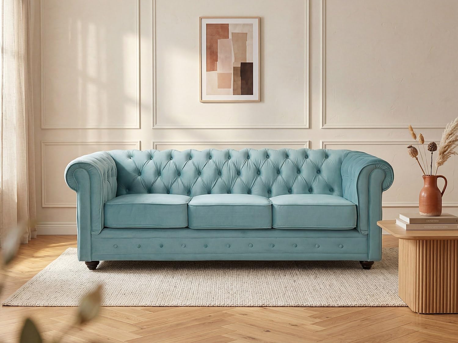 Vente-unique - Sofá Fijo 3 plazas Chesterfield - Terciopelo - Azul Celeste