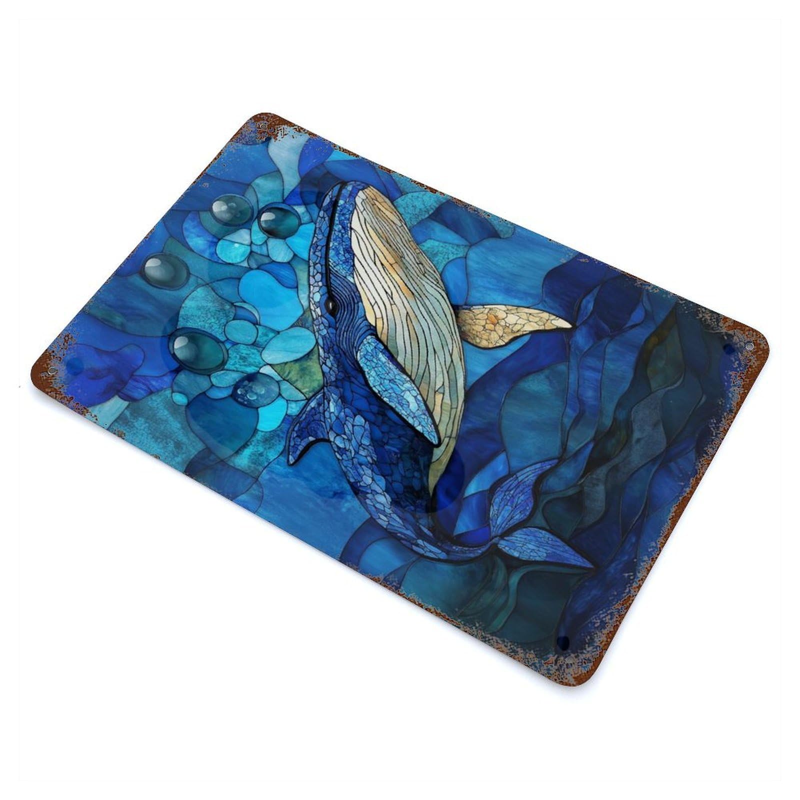 Stained Glass Whale 11.8"x7.9" Rusty Metal Tin Sign, Shabby Chic Decor for Bistro, Counter And Cafe Decor