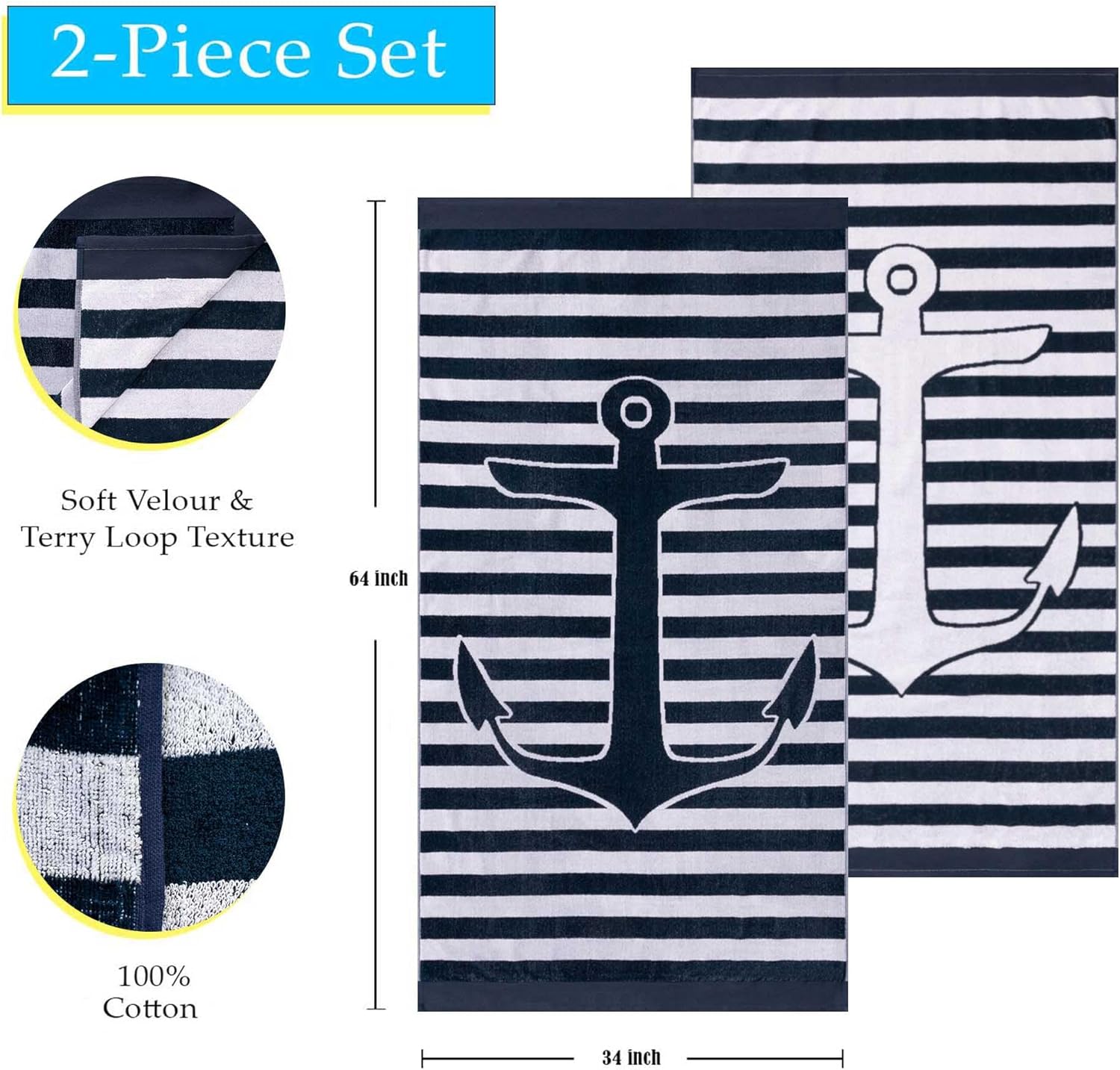 Superior Cotton Beach Towels, Towel Set for Kids, Pool, Swimming, Adults, Oversized, Absorbent, Fast Drying, Bathroom Basics, Nautical, Yacht Club Collection, 34" x 64", Navy Blue/White, 2 Piece