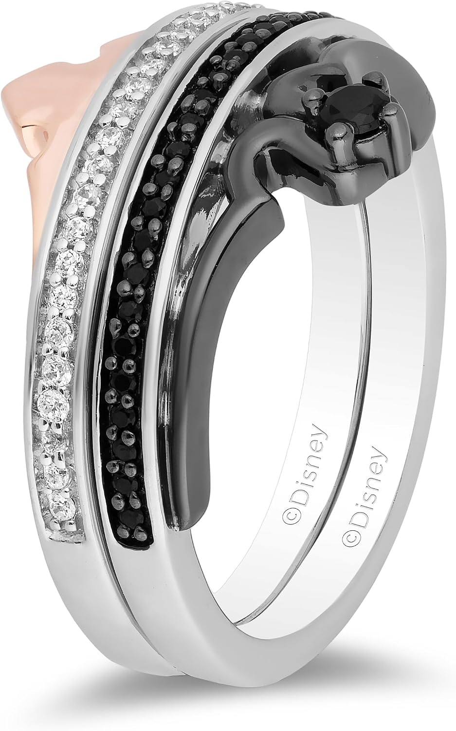Jewelili Enchanted Disney Fine Jewelry Black Rhodium and 14K Rose Gold over Sterling Silver with 1/4 CTTW Black and White Diamond Maleficent Aurora Duo Ring