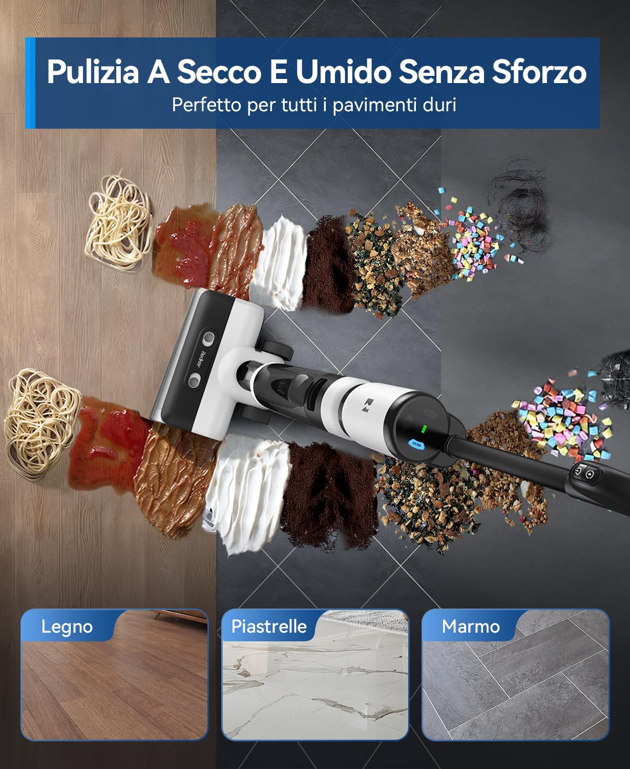 Redkey W13SE Aspirapolvere Lavapavimenti Senza Fili, 75 min, 23KPa, Autopulizia, Doppio Serbatoio Acqua