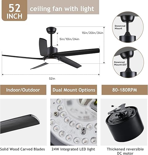 Miniatura 4 de NIWIASS 52" Black Outdoor Ceiling Fan with Light for Patios, Modern Farmhouse Ceiling Fans with Remote 5 CCT Dimmable Large Airflow, Damp Rated