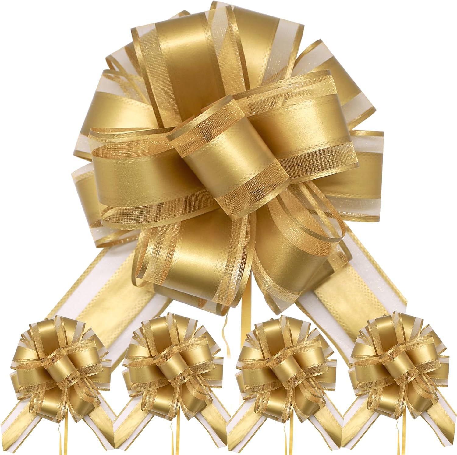 FQTANJU 5 PCS 6 Inch Gold Pull Bows for Gift Wrapping, Wedding, Christmas, Birthday Parties; Modern Style, Solid Color, 2 Inch Ribbon Width