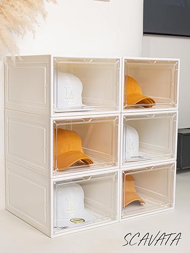 Miniatura 28 de Paquete de 6 cajas organizadoras de sombreros, apilables transparentes para gorras de béisbol, contenedores con puerta magnética para sombreros