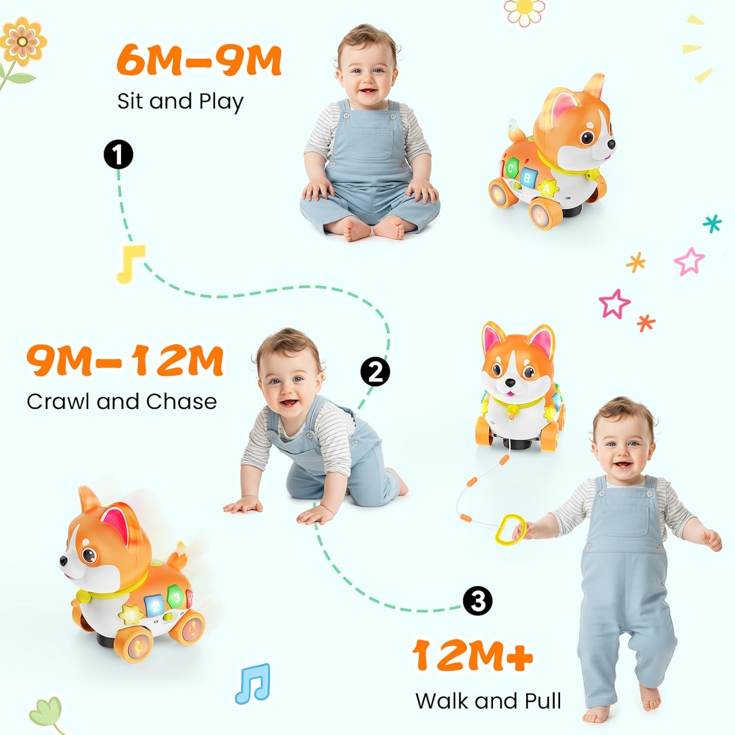 Musical Baby Toys 6-12 Month, Crawling Puppy for 1 Year Old Boy Girl Gift, Infant Educational Learning Toys for Toddlers 1-3, 1st Birthday (Orange)