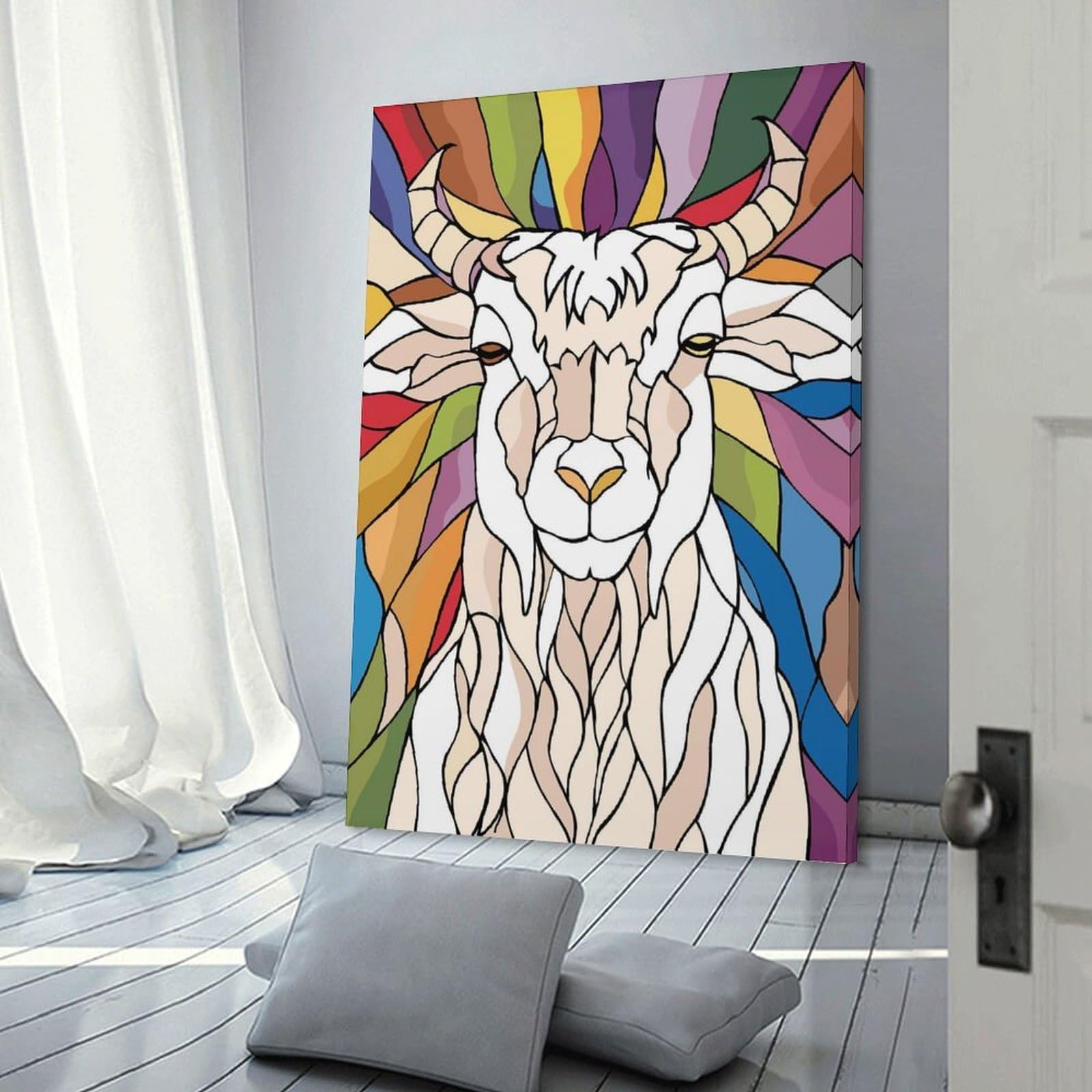 Junmoney Stained Glass Goat Portrait Canvas Wall Decor 20x30inch(50x75cm), for Workspace Walls, Study Corners Or Bedrooms, Decorative Artwork for Productive Spaces