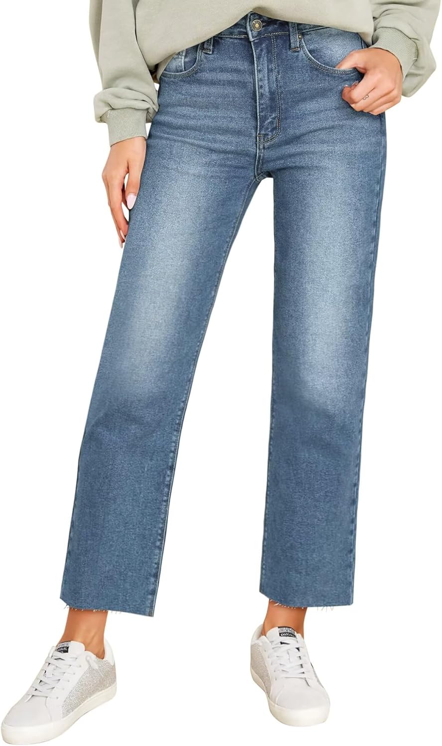 KDF Cropped Straight Leg Jeans for Women - High Waisted Jeans for Women 7/8 Length Light Blue Jeans Denim Pants with Crop Hem Size 16 - Image 2