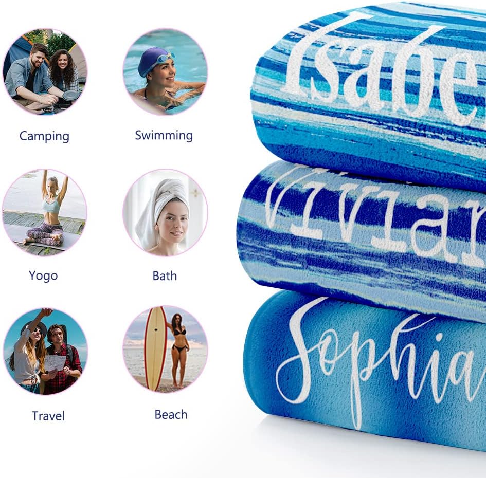 Dreamdecor Personalized Beach Towel Microfiber Custom Beach Towel with Name Monogram Absorbent Beach Towel for Women Girl Kids Boy Men Adult 60” x 30” (A03-Light Blue)