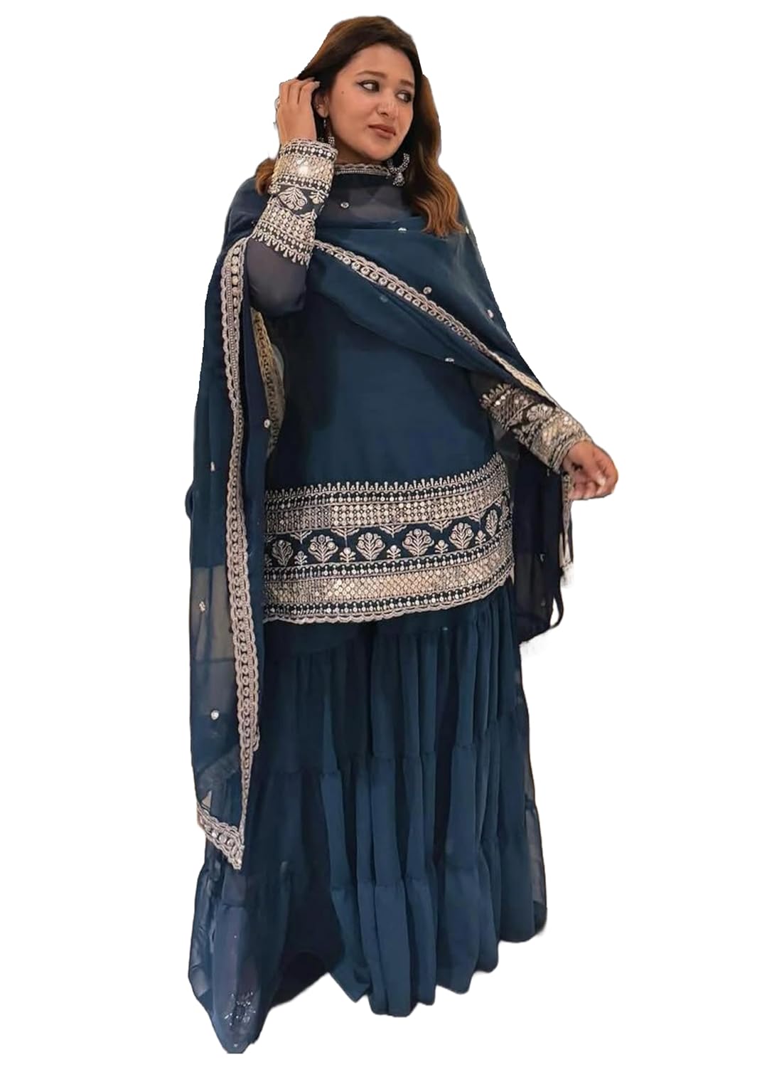 Womens Georgette Fabric Sequins Zari Embroidery Work Sharara Suit 14096