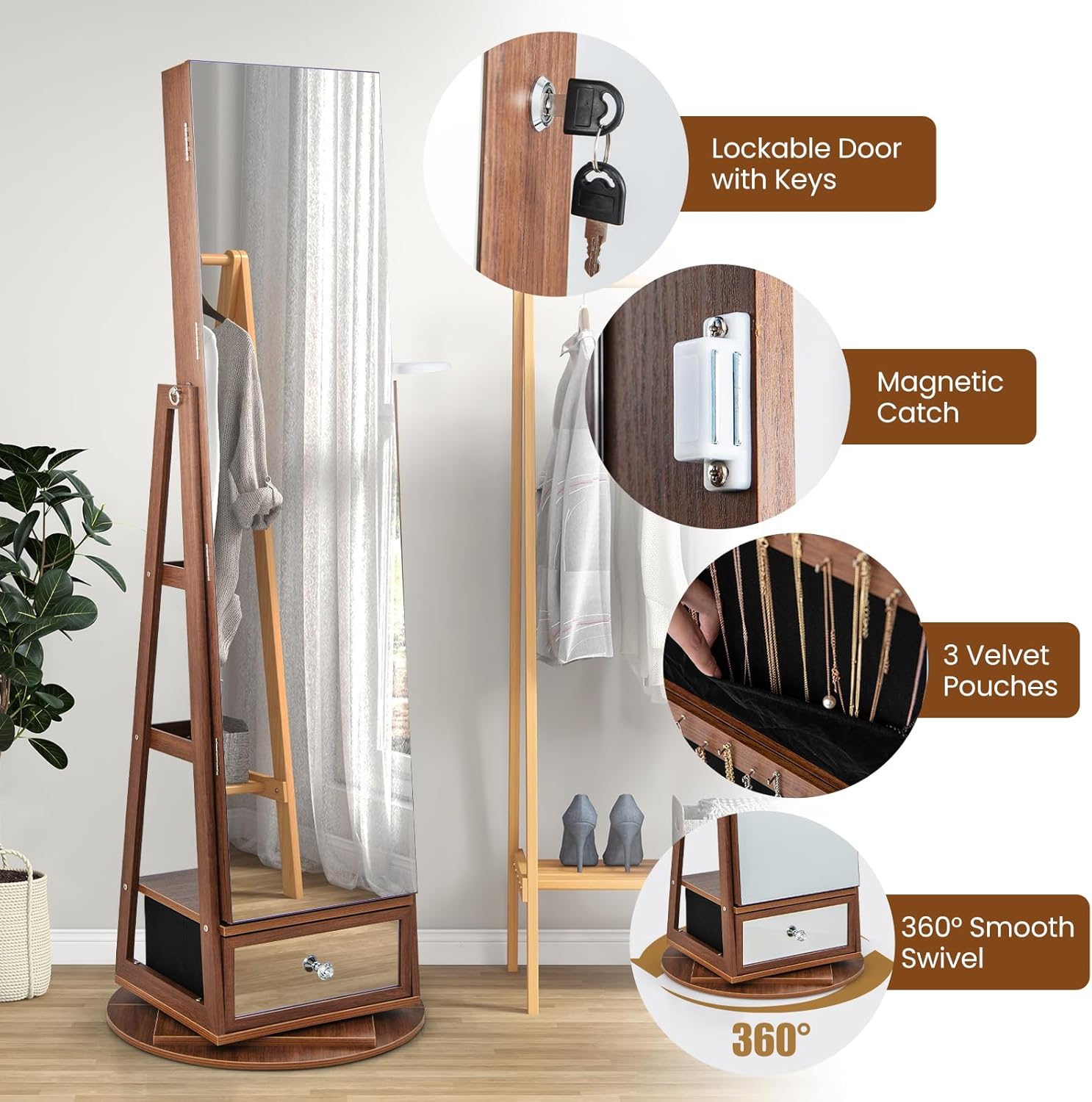 LOKO 360° Swivel Jewelry Cabinet with Full-Length Mirror, Lockable Jewelry Armoire with Hair Dryer Rack & Rear Storage Shelves, Floor Standing Jewelry Organizer with 6 LED Lights (Walnut)