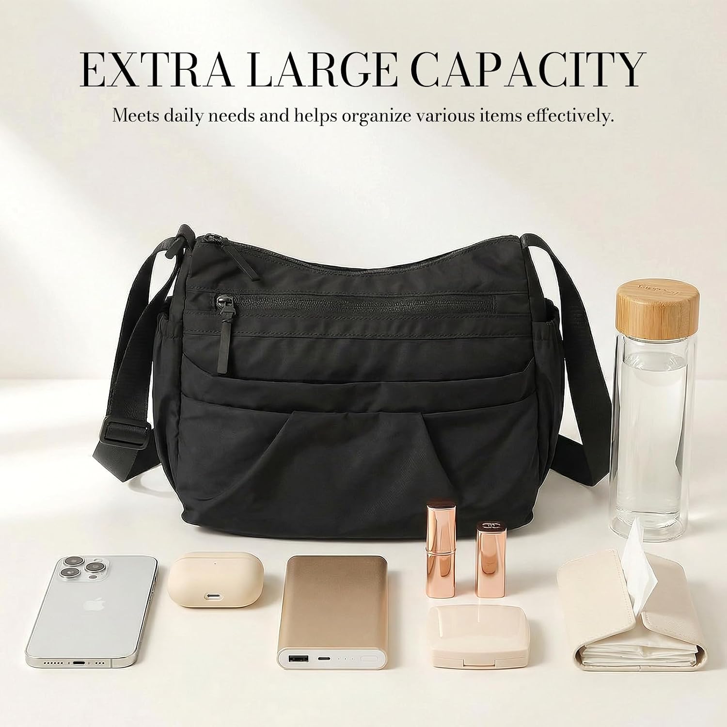 Nylon Crossbody Bag for Women, Multi-Pocket Shoulder Bag with Adjustable Strap, Versatile Lightweight Messenger Purse