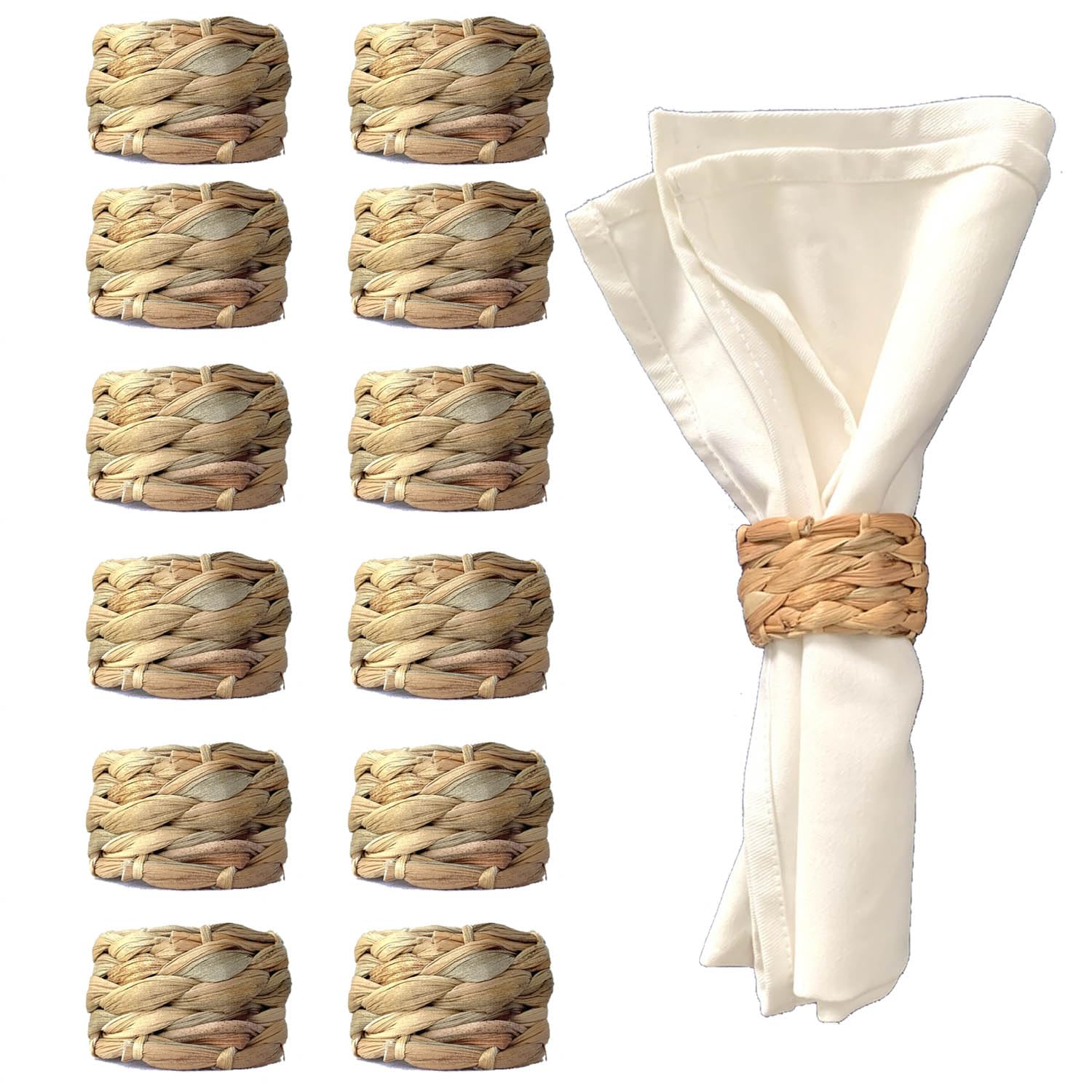 Laquedecraft Set di 12 portatovaglioli in giacinto d'acqua intrecciato, rustico, bohémien, portatovaglioli in vimini naturale, per tavolo da pranzo, feste