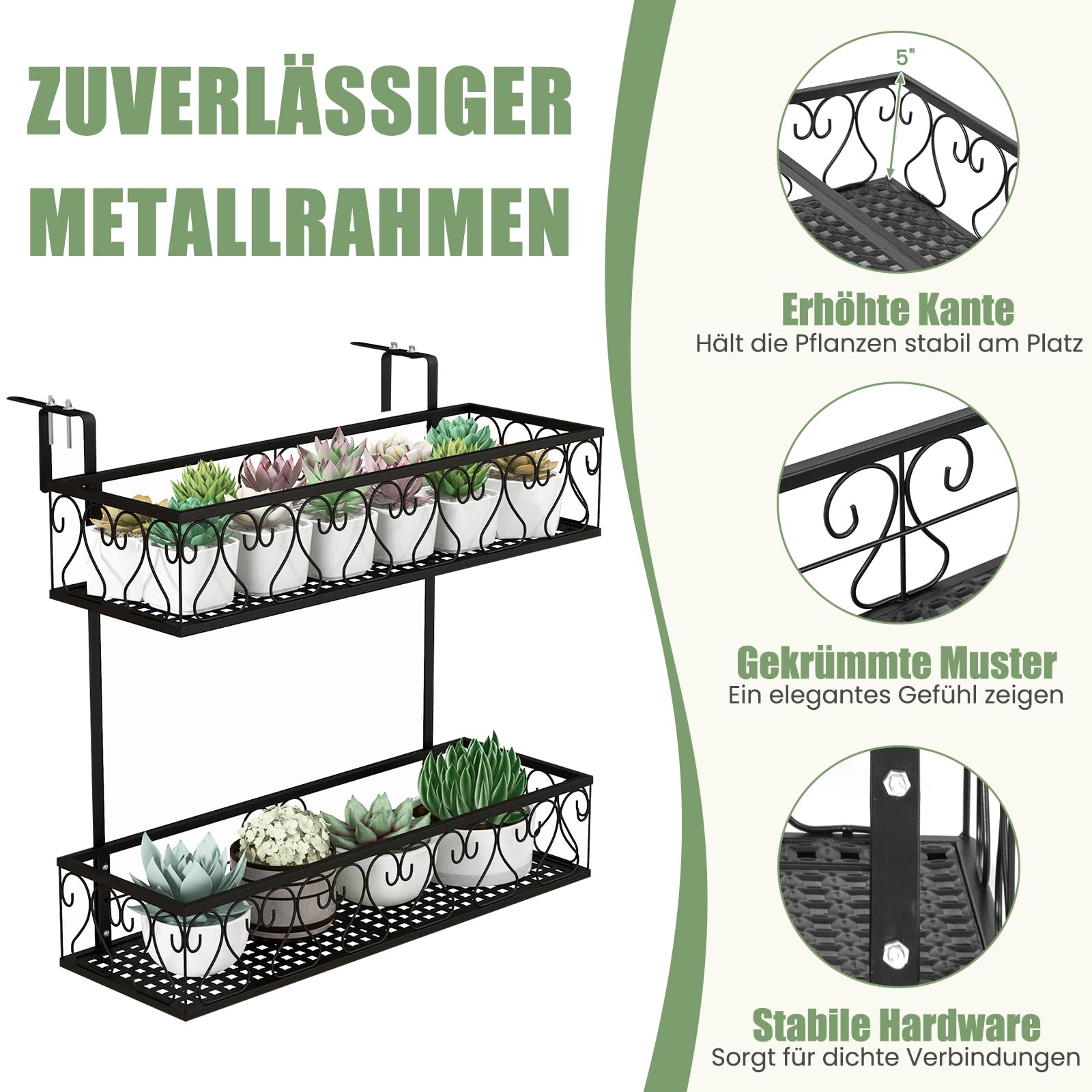 GOPLUS 2-poziomowy wiszący regał na kwiaty, kosz na balustradę balkonową, metalowy z regulowanymi haczykami, uchwyt na doniczki, pojemnik na rośliny doniczkowe na balkon i werandę