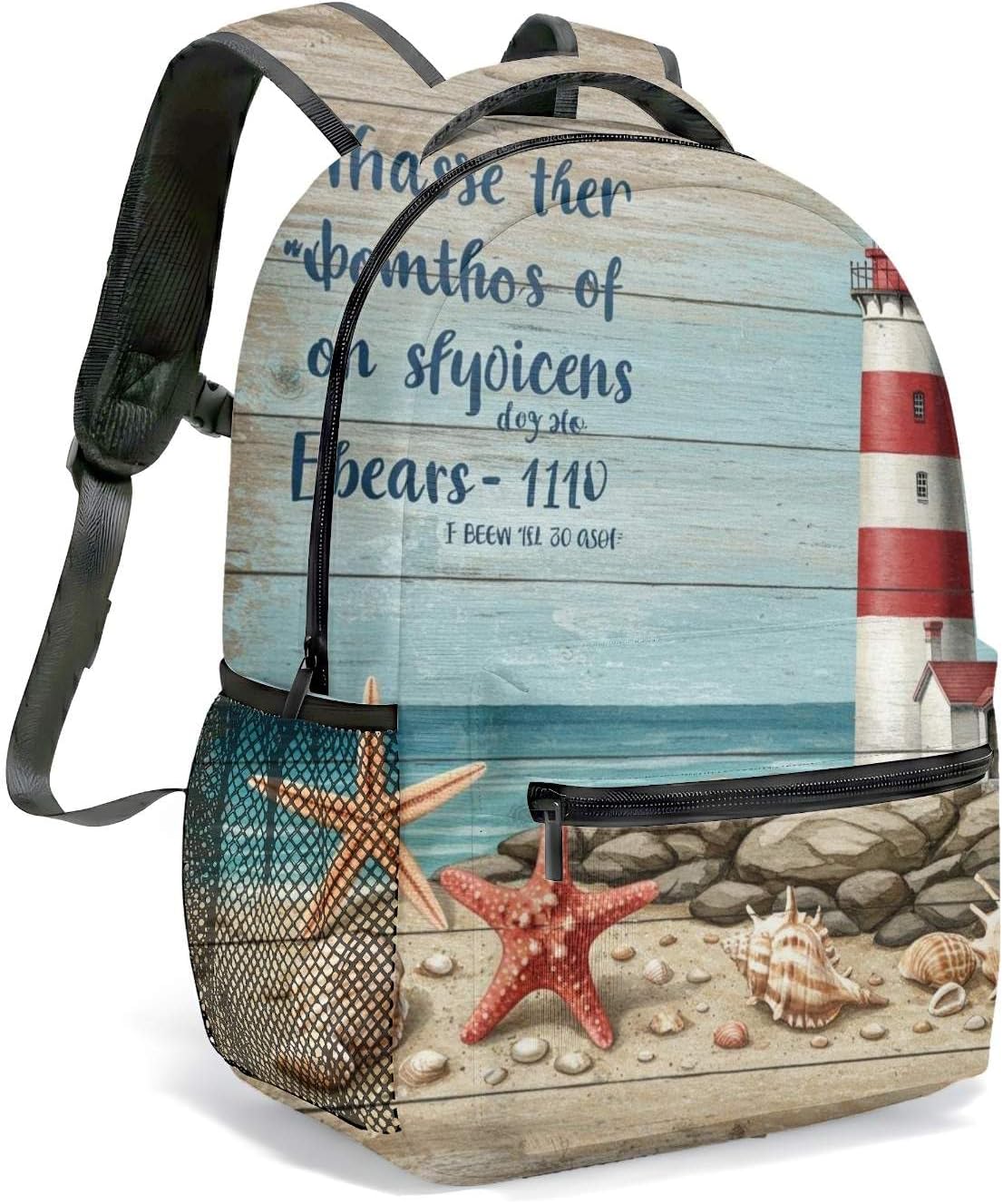 Vintage Lighthouse Starfish Print Backpack 16 Inch Coastal Journey Nautical Seashell Soft Color All Over Printed Daypack (04)