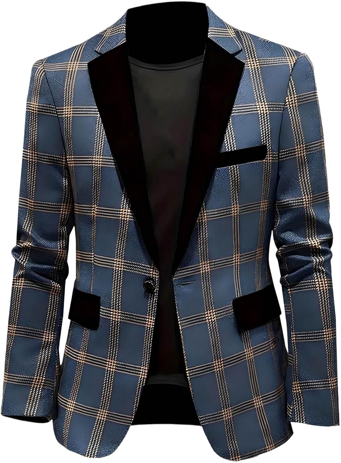 Cambkatl Men's Vintage Plaid Patchwork Blazers Slim Fit One Button Tuxedo Suit Jackets Casual Sports Coat