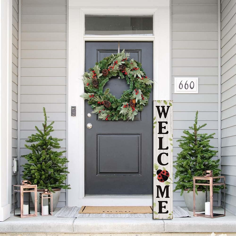 Welcome Ladybug Sign for Front Door, 4ft Tall Front Porch Decor, Vertical Wooden Signs for Front Porch, Rustic Farmhouse Wood Porch Decorations Outdoor