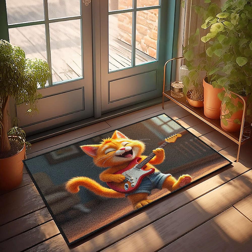 Tapis rétro A Happy Cat Playing a Electric Guitar paillasson extérieur chat 65x90cm
