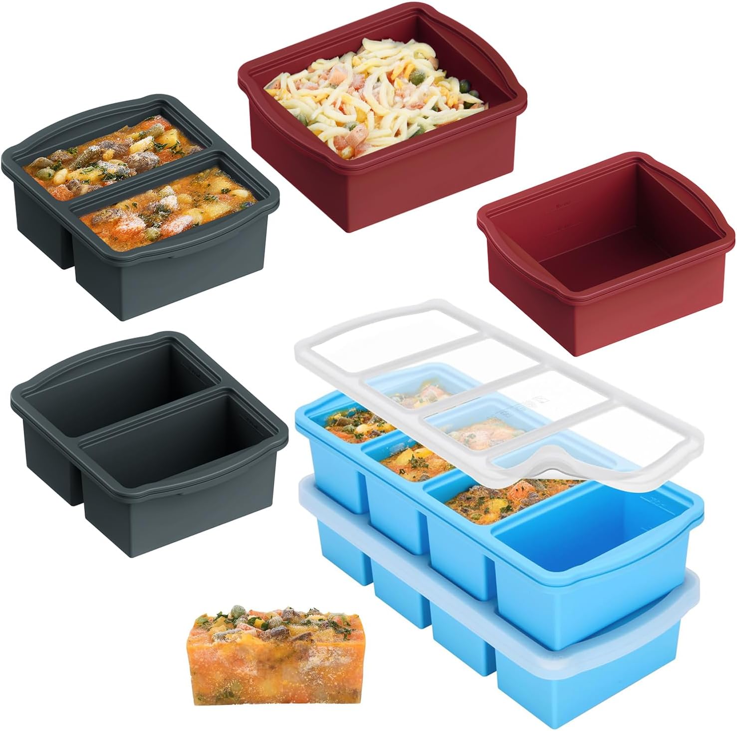 Silicone Freezer Trays with Lids, Set of 6 - with 1cup and 2 cup Silicone Freezer Molds for freezing soups, Large ice cube mold with reinforced steel ring, sauces and individual microwave safe