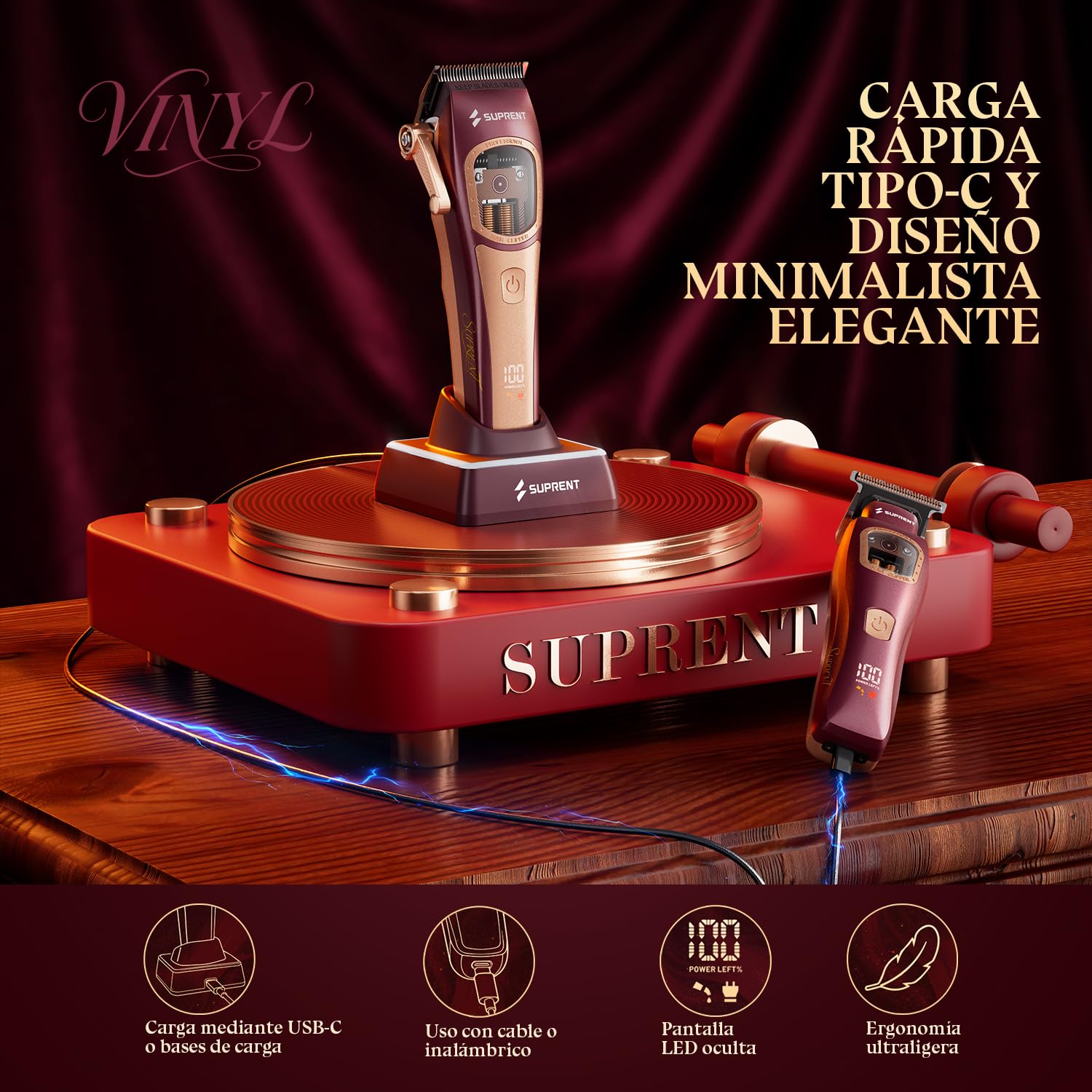 SUPRENT Maquina de Cortar Pelo Hombre, Cortapelos Profesional 8500-11000RPM | Motor Vectorial Inteligente de Doble Bobina, Cortapelos Inalámbrico, Bases de Carga, Uso de Barbero-Rojo
