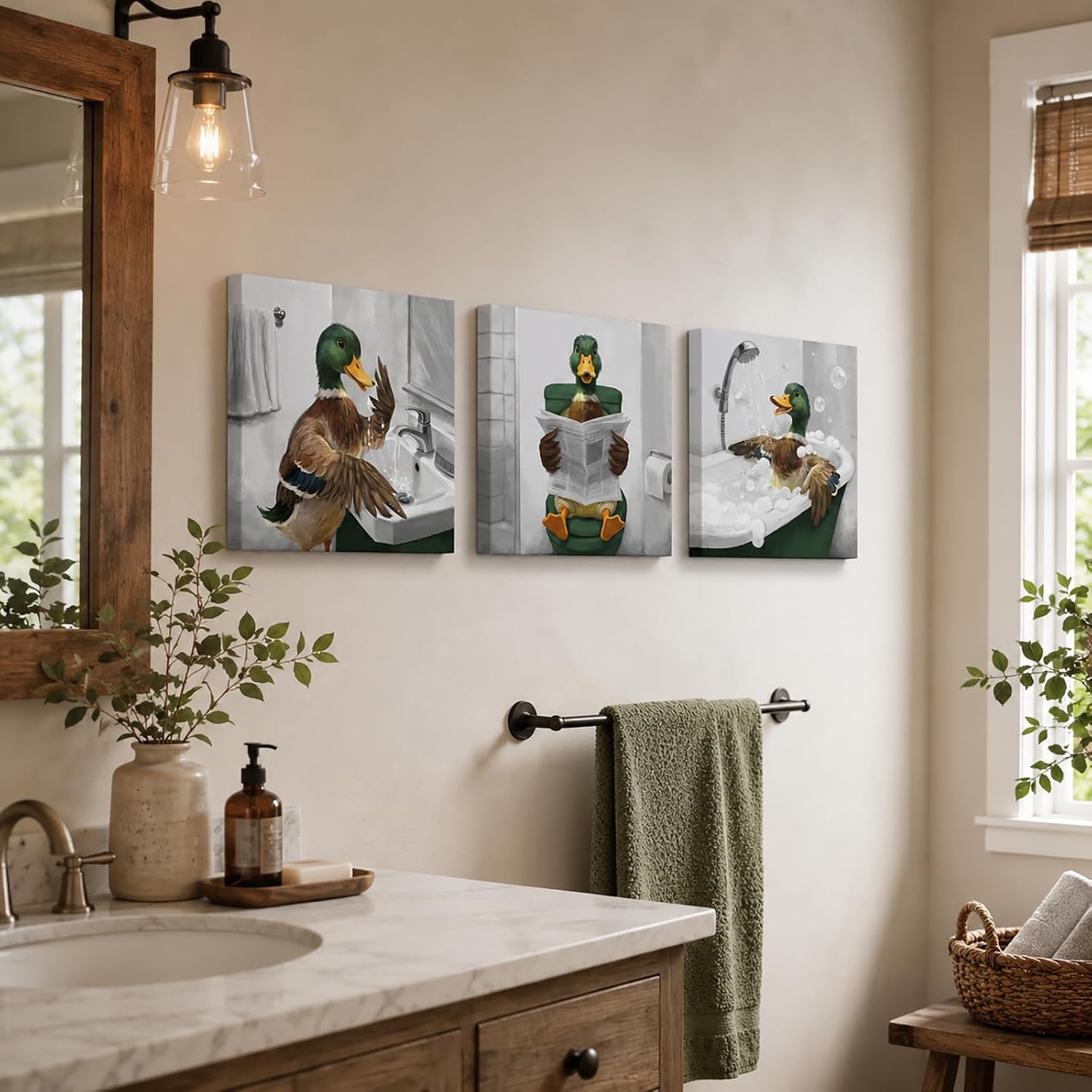 OuElegent Funny Mallard Duck Bathroom Wall Art Farmhouse Animal Wall Decor Duck in Bathtub Toilet Art Prints Rustic Bathroom Decor Humorous Animal Canvas 12''x12''x3 panels Ready to Hang