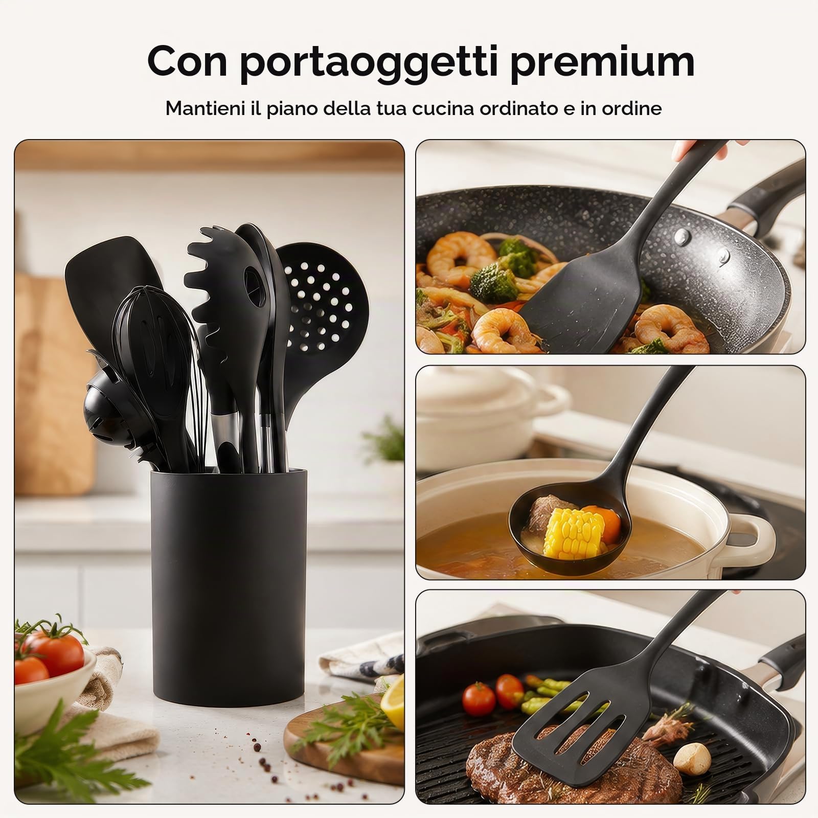 AiQInu 15 Pezzi Set utensili Cucina Silicone, Set Utensili Cucina in Silicone Alimentare & Acciaio Inossidabile con Secchio di Rangement, Resistenti al Calore e Antiaderenti Set Mestoli