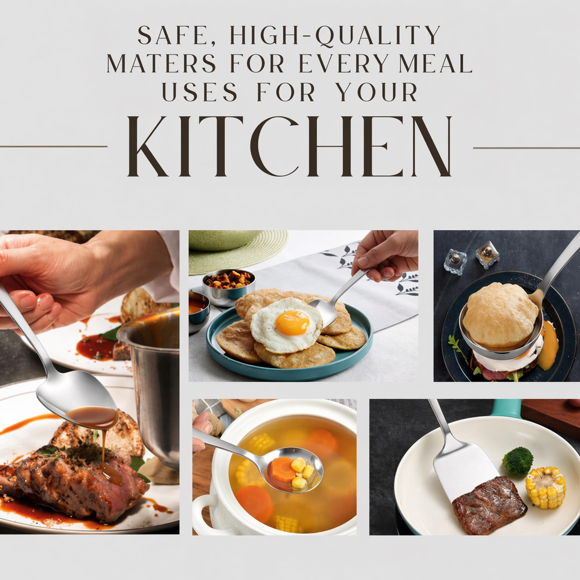 CRAFTONE Edelstahl Küchenutensilien 6er Set Servierlöffel Kochlöffel Schöpflöffel Pfannenwender Reislöffel Oval Löffel Spatel Set