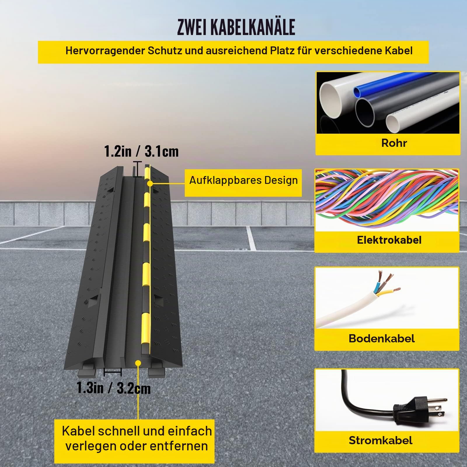 VEVOR 5 STK. Kabelschutzmatte 2 Kanal 101 x 24,5 x 5 cm, Kabelbrücke Traglast ca. 5T aus PVC & Gummi für Modulares Kabel, Überfahrschutz für Kabel, Ideal für Büro Büro Spielfelder Parkplätze, Schwarz