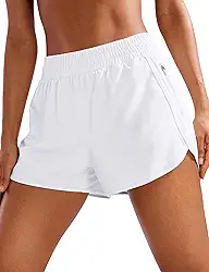 Shorts de corrida femininos de cintura alta com forro de malha 7,6 cm / 3 polegadas tecido Dolphin de secagem rápida e bolso com zíper