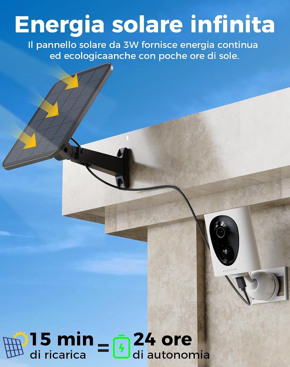 VIRTAVO 2K Telecamera WiFi Esterno Senza Fili, Starlight Lente, Videocamera Sorveglianza con 3W Pannello Solare, Visione Notturna a Colori, Rilevamento PIR, Audio Bidirezionale, SD/Cloud, SF1