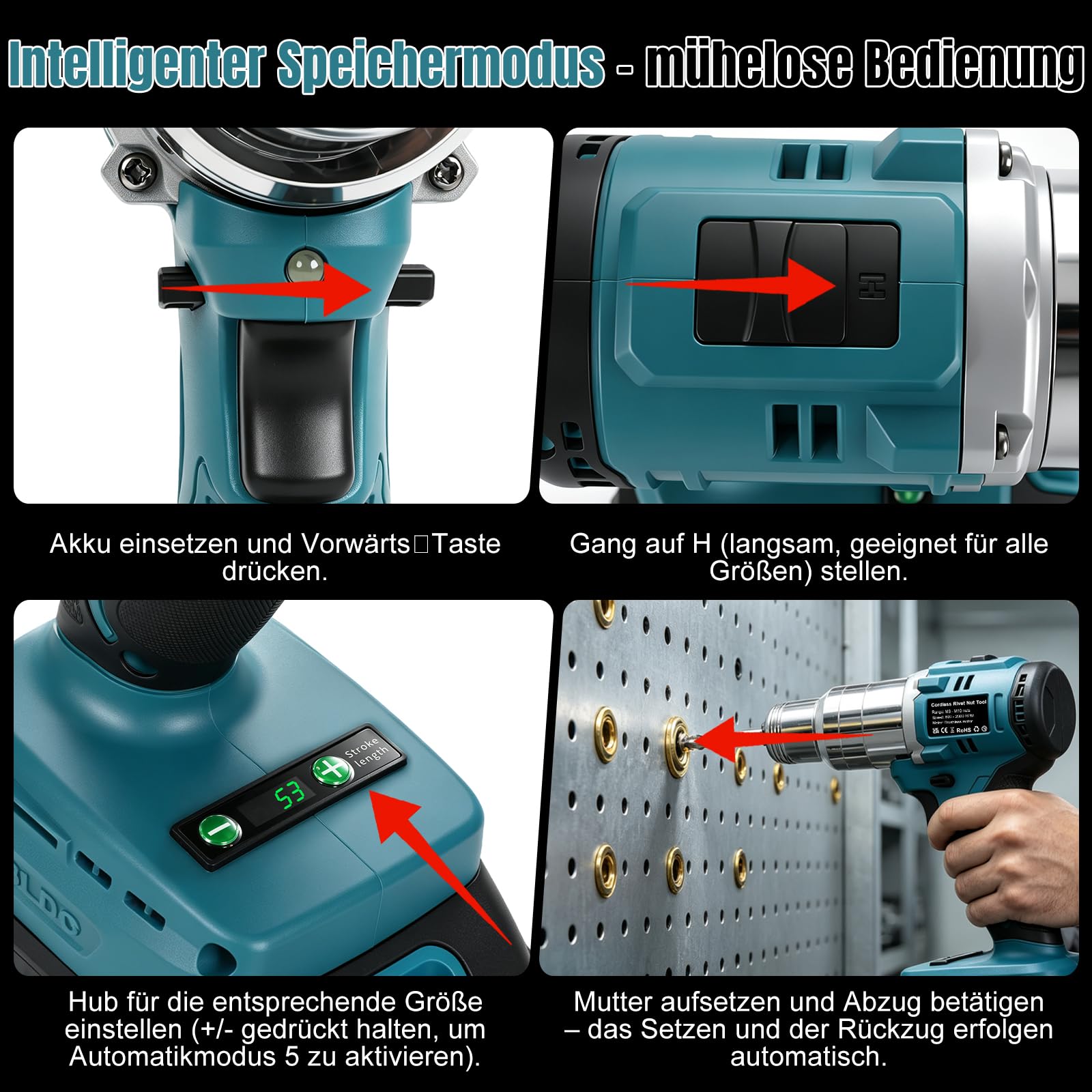 Elektryczny nitownik kompatybilny z akumulatorem Makita 18 V, silnik bezszczotkowy, siła ciągnąca 100 Nm, 600-2000 obr./min, do nakrętek M3-M10, 6 nitów i 30 drążków