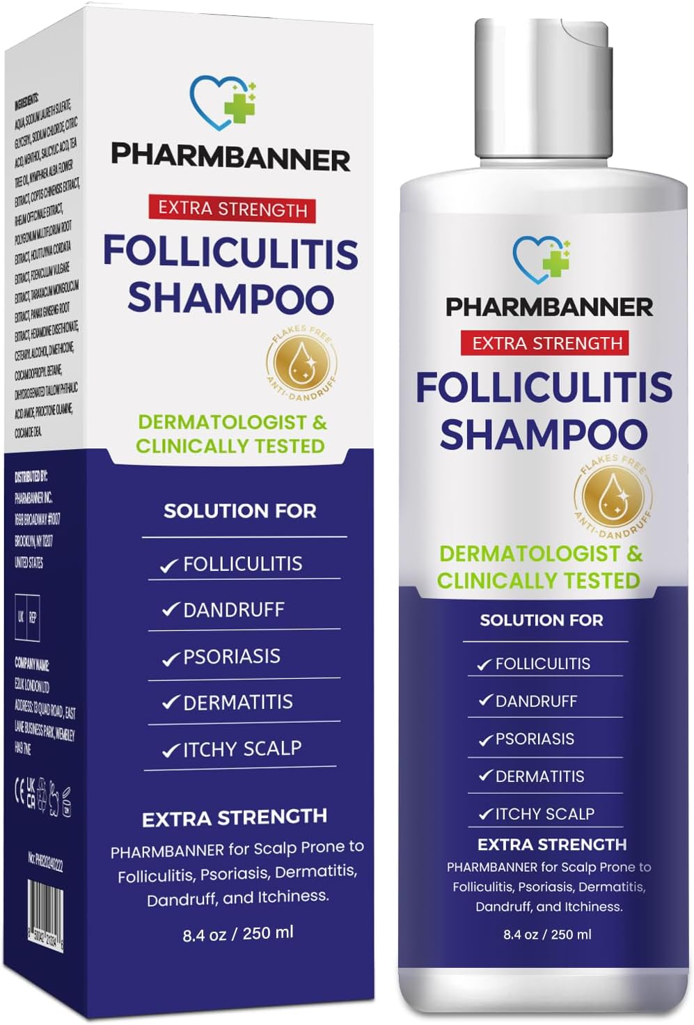 PHARMBANNER Anti-Fungal Shampoo for Folliculitis, Seborrheic Dermatitis, Scalp Psoriasis - Relieves Itchy & Dry Scalp