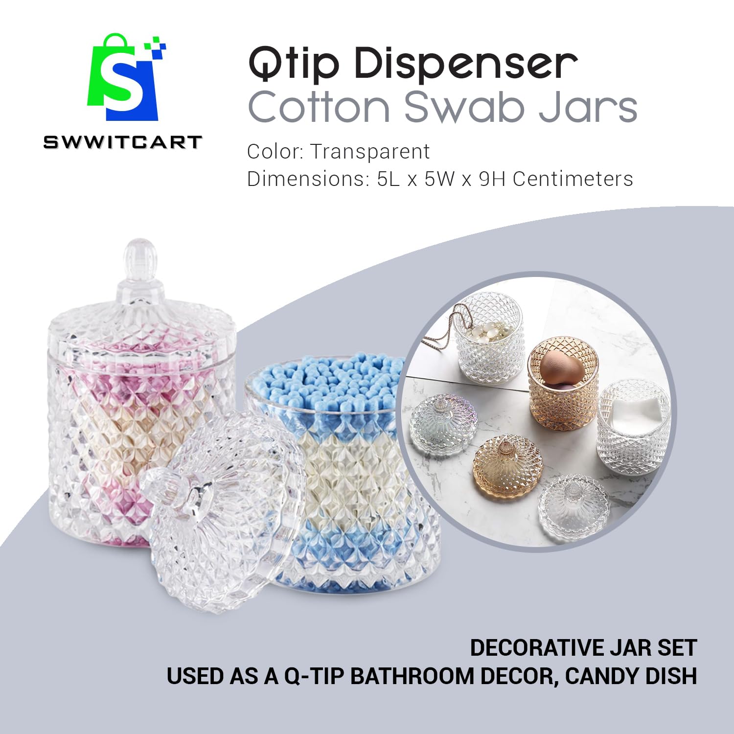 SWWITCART 2 Pack Qtip Holder Cotton Round Ball Holder Set, Apothecary Jars Glass Bathroom Storage jars with Lids for Bathroom Decor, Qtip Dispenser for Cotton Swab,Cutip,Cotton Pad 1