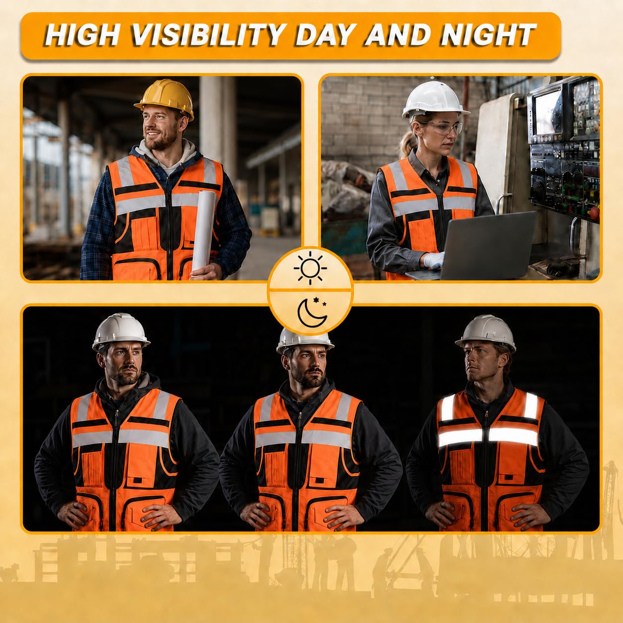 Chaleco de seguridad reflectante de 3M Hi-vis amarillo con 10 bolsillos para hombre y mujer.