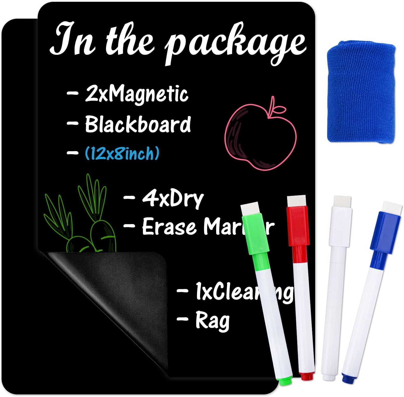 Magnetic Dry Erase Black Board for Fridge, 2 Pack 12 x 8 Inches Refrigerator Board with 4 Magnetic Markers & a Rag, Do List Grocery Shopping and Planning Magnet Chalkboard for Fridge