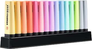 Marca Texto – STABILO BOSS ORIGINAL Pastel – Estojo com 15 unidades + Suporte de mesa – Em 15 cores