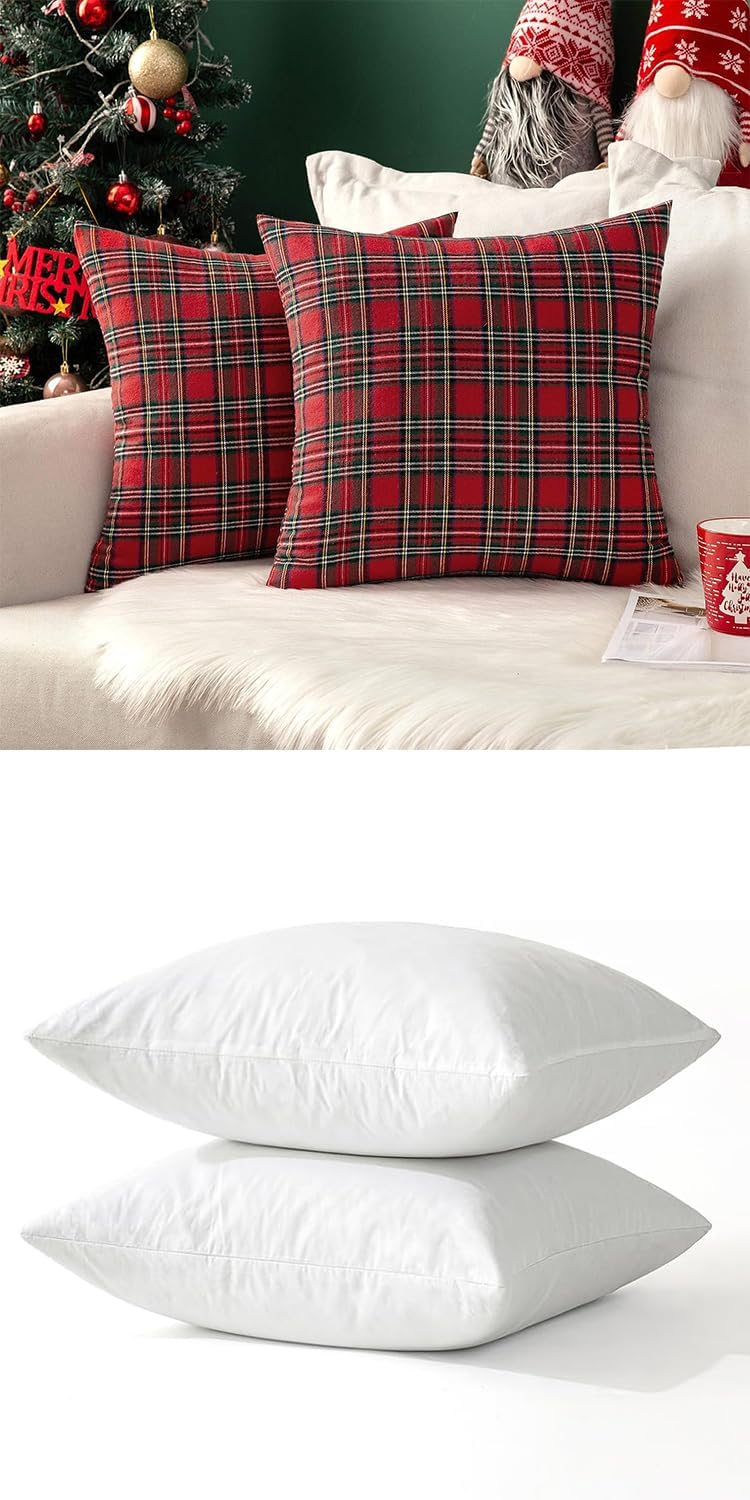 MIULEE Christmas Set of 2 Scottish Tartan Plaid Throw Pillow Covers Farmhouse Classic Decorative and 18x18 Pillow Inserts, Pack of 2 Down Alternative Decorative Feather Throw Pillow Inserts for Living