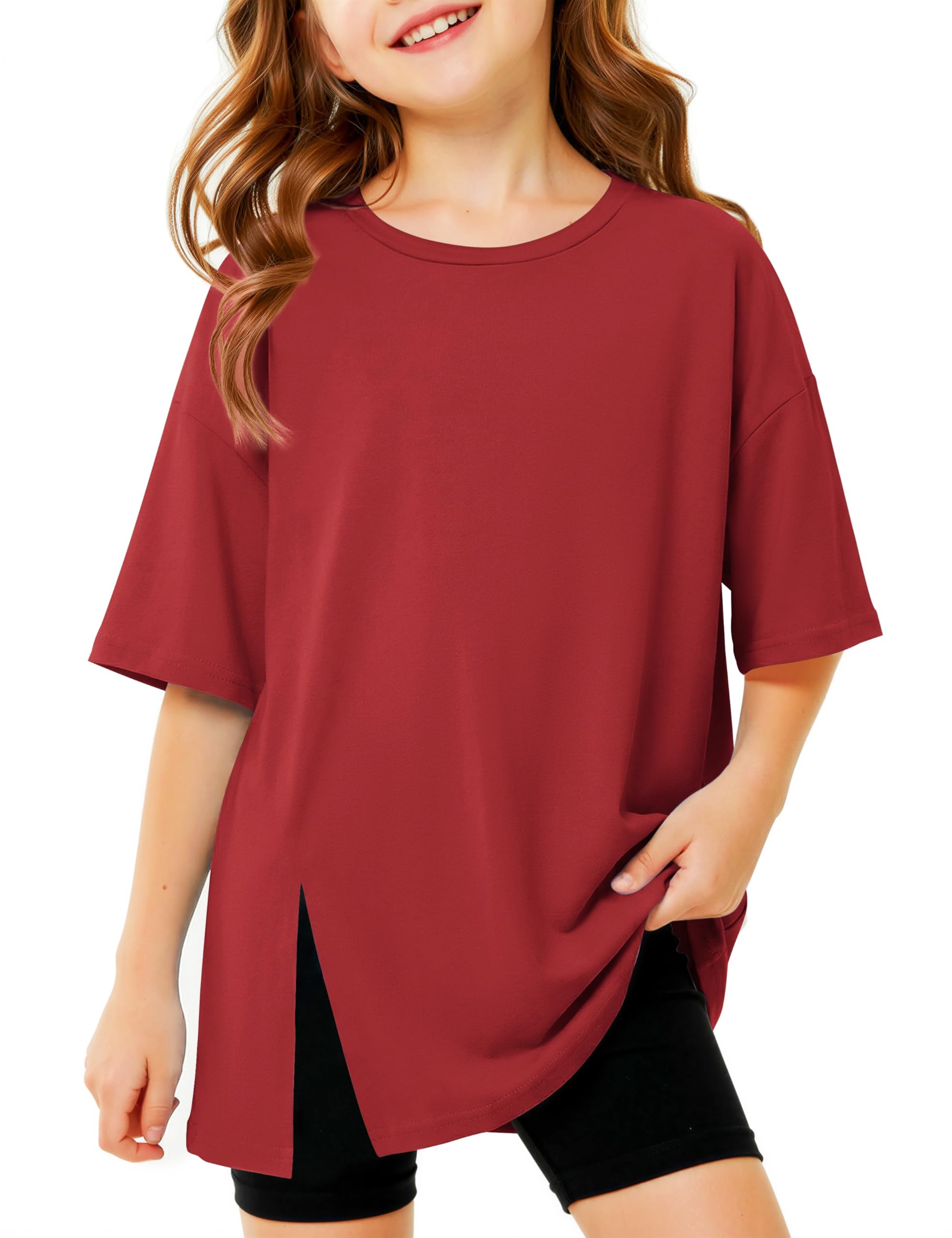 Arshiner Mädchen Sommer T-Shirt Kurzarm Rundhals mit Seitenschlitz | Weiches elastisches Basic-Shirt im lockeren Schnitt mit Rundhals und Seitenschlitz als Sportshirt und Freizeit Top