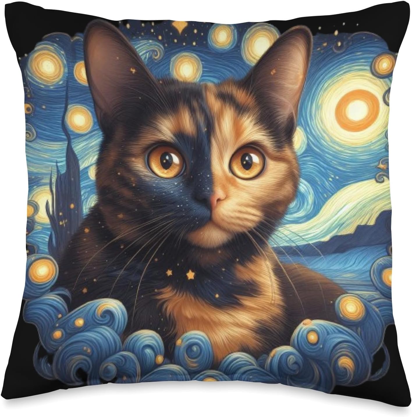 Tortoiseshell Tortie Starry Night Kitty Cat Art Throw Pillow